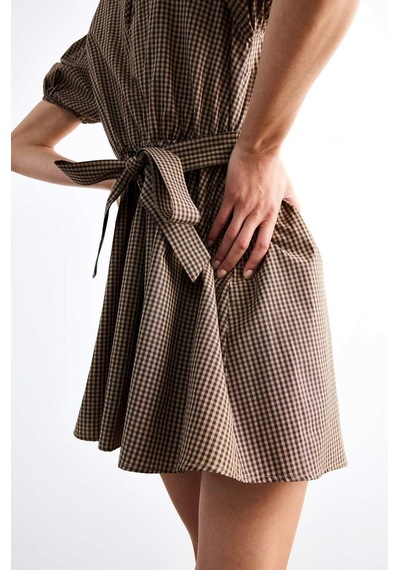 Defacto Fitted Kareli Poplin Kısa Kollu Mini Elbise F9944ax25smbn306 Kahve