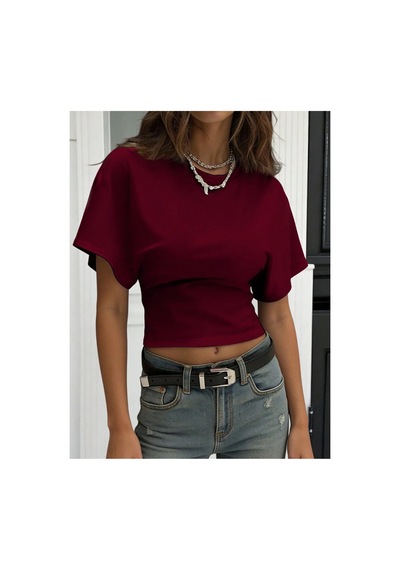 Cool Tarz Kadın Yarasa Kol Belden Oturtmalı Pamuklu T-shirt Bordo Bordo