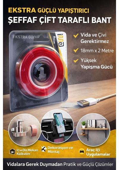 Vhb Akrilik Silikon Bant 18mm X 2 Metre Şeffaf Çift Taraflı Güçlü Yapıştırıcı Bant