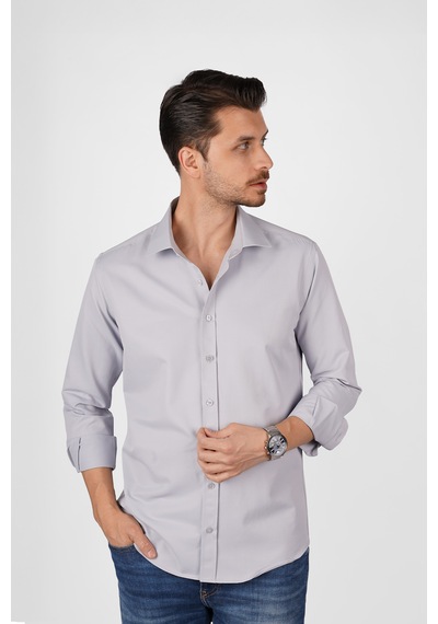 Gri Saten Slimfit Erkek Gömlek Gri