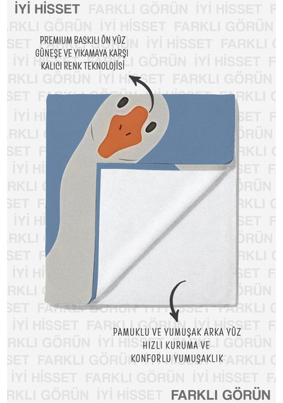 Kaz Figürlü Mavi Bum Plaj Havlusu - Sevimli Minimalist Esprili Hızlı Kuruyan Mikrofiber Havlu Çok Renkli