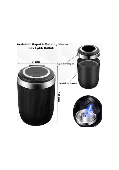 Araç-Ev ve Ofis Küllük Kapaklı Model Işıklı Küllük Metal İç Havza