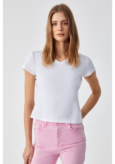 ETHIQUET ASROUTI Kadın Slim Kısa V Yaka Kısa Kol Beyaz T-Shirt