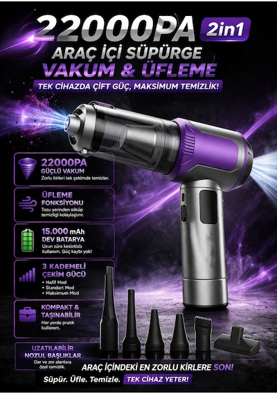 22000pa 2in1 Araç İçi Süpürge Üfleme Fonksiyonlu 15.000mah Şarjlı Kablosuz Mini Vakum