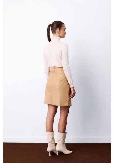 Sateen Şardonlu Deri Etek - Bej-135487 Bej