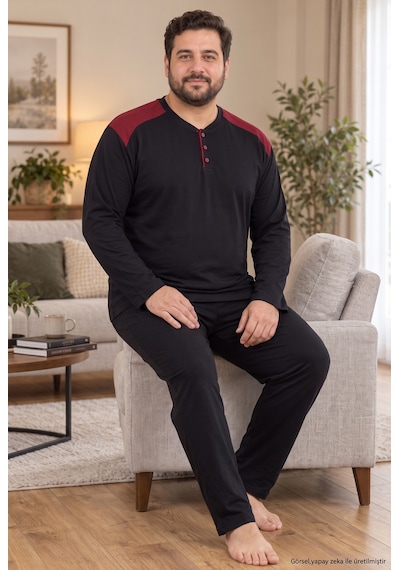 Seboteks İnterlok Kumaş Yakası Düğmeli Uzun Kollu Büyük Beden Erkek Pijama Takımı 8585 Siyah Seboteks İnterlok Kumaş Yakası Düğmeli Uzun Kollu Büyük Beden Erkek Pijama Takımı 8585 Siyah