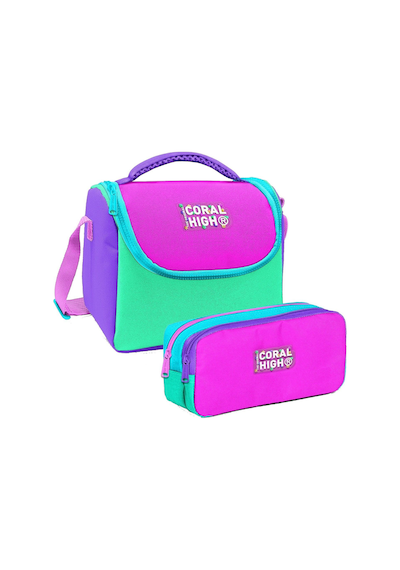 Coral High Kız Çocuk Pembe Yeşil Çok Renkli Thermo Beslenme Çantası Ve İki Bölmeli Kalemlik Seti Çok Renkli