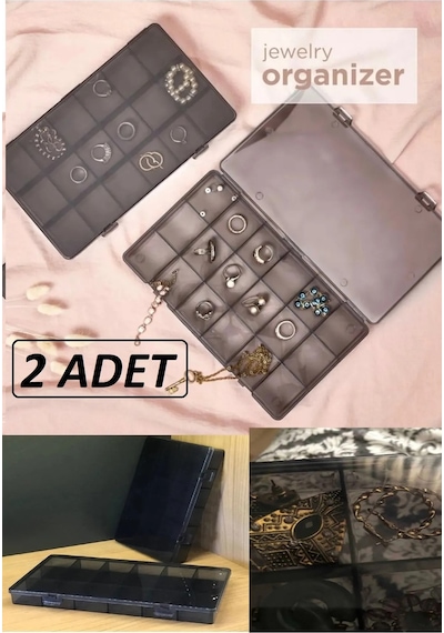 Bayev Füme 2 Adet 18 Bölmeli Kolye Yüzük Kapaklı Takı Kutusu Dikiş Kutusu Organizer Düzenleyici Kutu