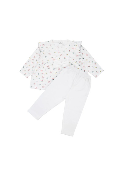 Bebegen Kız Bebek Ekru Renkli Minik Çiçek Desenli Fırfırlı Pijama Takımı
