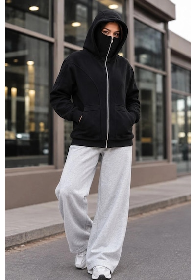 Novalisse Kadın Maskeli Ninja Model Çift Kapüşonlu 3 İplik Şardonlu Fermuarlı Oversize Sweatshirt - Siyah Çoklu Renk