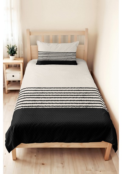 Siyah Çizgili Modern Tek Kişilik Pike Takımı - Beyaz Geometrik 160x220 Cm Mevsimlik Yatak Örtüsü Ahenkli Keten Dokusu