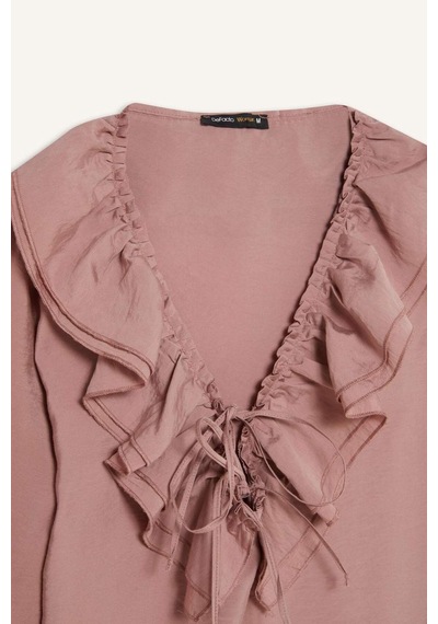 DeFacto Regular Fit Fırfırlı V Yaka Basic Düz Uzun Kollu Bluz E3393AX24WNPN429 Pembe