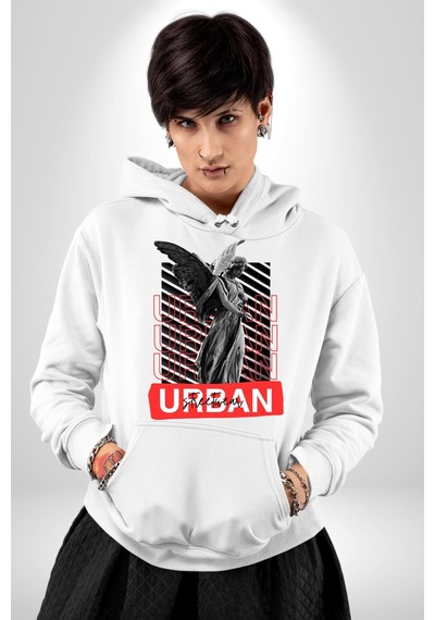 Şehir Sokak Stili Melek Heykeli Kadın Erkek Beyaz Kapüşonlu Sweatshirt Hoodie Beyaz