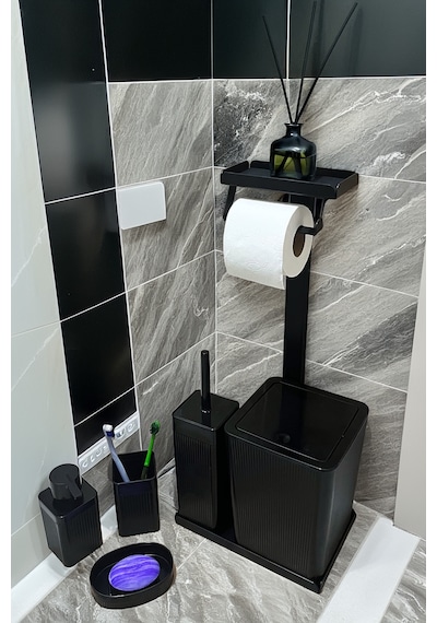 6 Parça Banyo Seti Çöp Kovası, Wc Fırça, Tuvalet Kağıtlık, Diş Fırçalık, Sıvı Sabunluk, Sabunluk Siyah