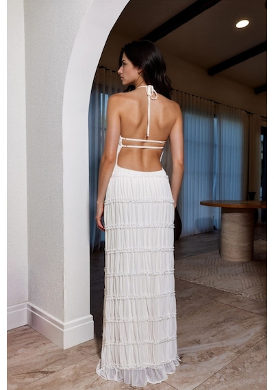 Hiccup Halter Yaka Dokulu Maxi Elbise Beyaz