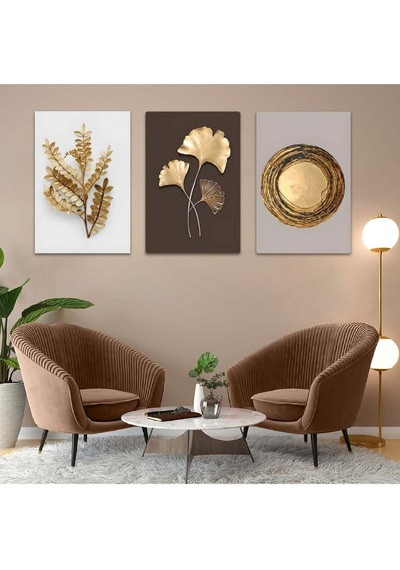 Modern Çizim Altın Yaprak 3'lü Mdf Tablo Set