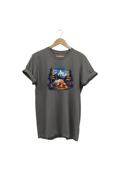 Yazlık Kamp Doğa Çadır Ve Dağ Baskılı %100 Pamuk Regular Fit Bisiklet Yaka T-shirt Gri