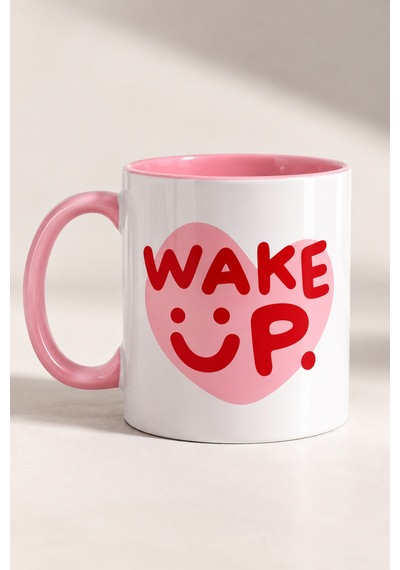 Wake Up Yazılı Baskılı Hediye Porselen Kupa Pembe