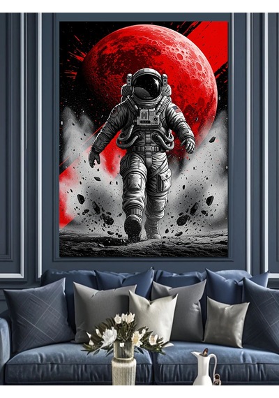 Kırmızı Ay Ve Astronot Dekoratif Kanvas - Mdf Ahşap Tablo