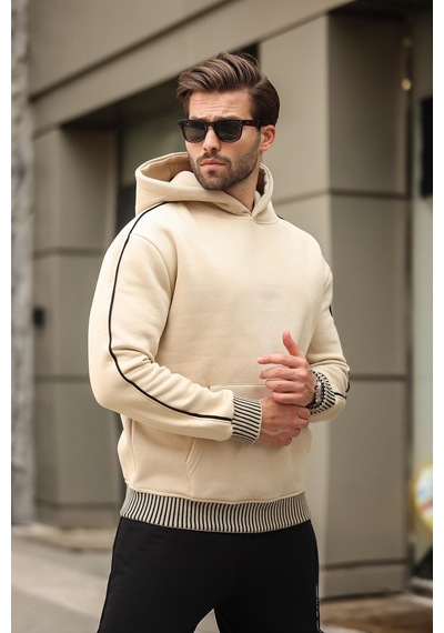 Madmext Bej Kapüşonlu Kanguru Cep Erkek Sweatshirt E7163 Bej