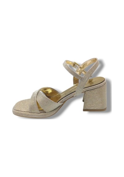 Erbay 405-26 Simli Çupra Kumaş Çapraz Bant Kalın Topuk Kadın Sandalet 7cm Altın