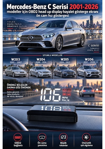 Mercedes-benz C Serisi 2001-2026 Modeller İçin Obd2 Head Up Display Hayalet Gösterge Ekranı Ön Cam Hız Göstergesi