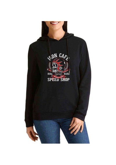Iron Cafe Speed Shop Baskılı Siyah Kadın Kapşonlu Sweashirt