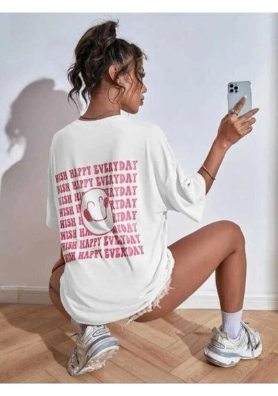 Flood Of Style Kadın Beyaz Wish Happy Baskılı Oversize