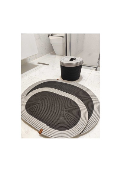 Jüt Hasır 3 Lü Banyo Paspas Takımı Bohem Tarzı Banyo Takımı Paspas:50x80/ 40x60 /sepet/25x25 Siyah Gri Siyah Gri