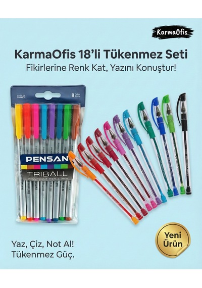 18'li Renkli Tükenmez Kalem Seti Çok Renkli