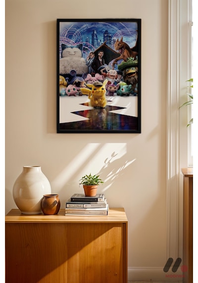 Pokemon Dedektif Pikachu Poster, Siyah Çerçeveli Duvar Tablosu - Anime Severlere Özel Hediye