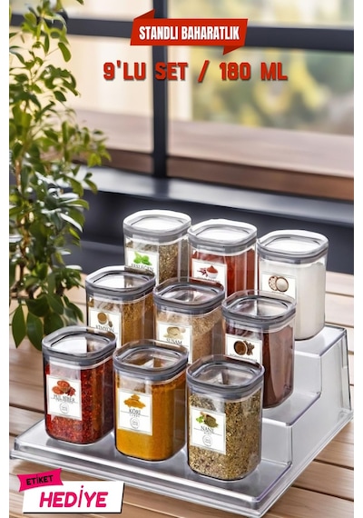Stantlı, Etiketli 9'lu Kare Baharat Saklama Kabı Şeffaf Diğer