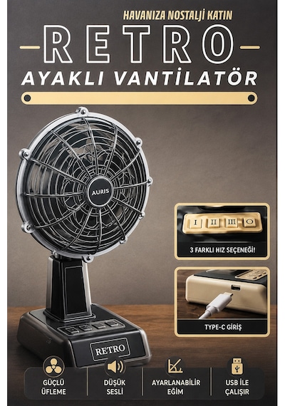 Exenar - Bej - Şarjlı Masaüstü Mini Vantilatör Fan Retro Tasarım Vintage Mini Üfleme Şarjlı 1800mah Batarya 3 Mod