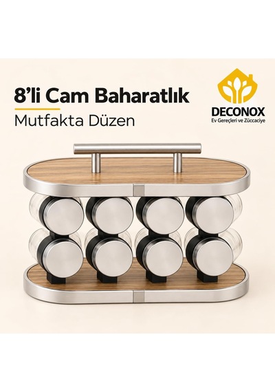 Ahşap Ve Paslanmaz Çelik Standlı 8'li Cam Baharatlık Seti, 8 X 120 Ml, Taşıma Kulplu, İki Sıralı Tezgah Üstü Baharat Düzenleyici, Dökme Başlıklı Diğer