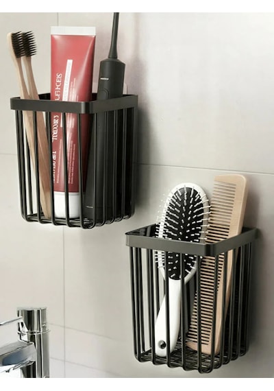 2'li Set Yapışkanlı Banyo Saç Fırçası Tarak Düzenleyici Diş Fırçalık Çok Amaçlı Mutfak Duvar Rafı Siyah