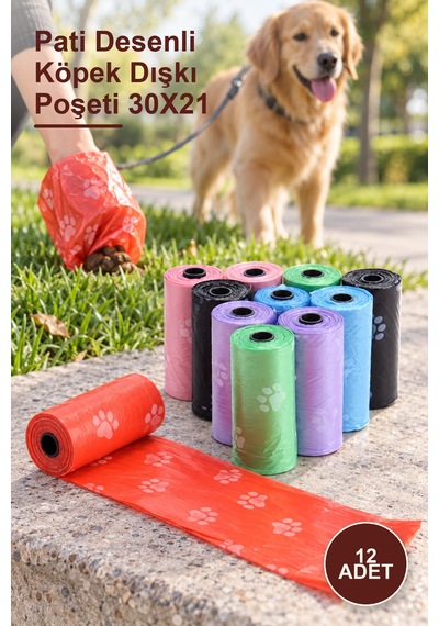 12 Adet Pati Desenli Köpek Dışkı Poşeti 30x21