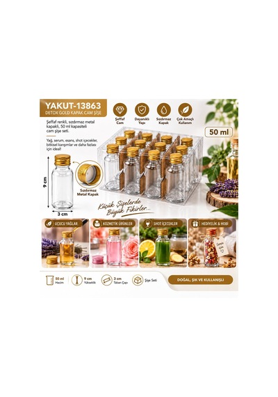 Yakut Boş Tüp Şişe 50ml Gold Metal Kapaklı Çok Amaçlı Dekoratif- 12'li Paket