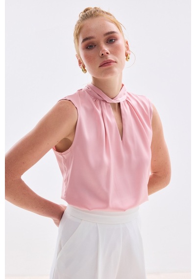 Sateen Yaka Detaylı Saten Bluz - Pembe-136681 Pembe