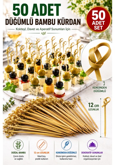 50 Adet Düğümlü Bambu Kürdan 12 Cm Kokteyl Parti Davet Aperatif Sunum Kürdanı 50'li Set Paket