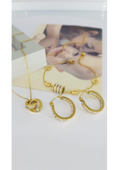 Minimal Taşlı Çelik Takı Seti Sns6 Gümüş - Rose Gold