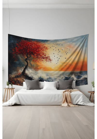 Kırmızı Ağaç Desenli Duvar Halısı Duvar Örtüsü Tapestry Süet Dokulu Kumaş