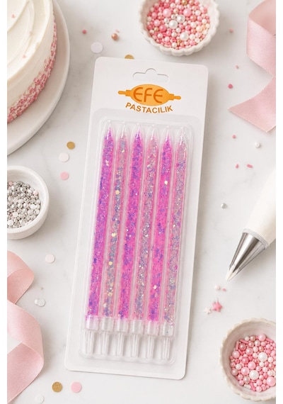 Pembe Beyaz Uzun Pul Simli Pasta Mumu 17 Cm Karışık