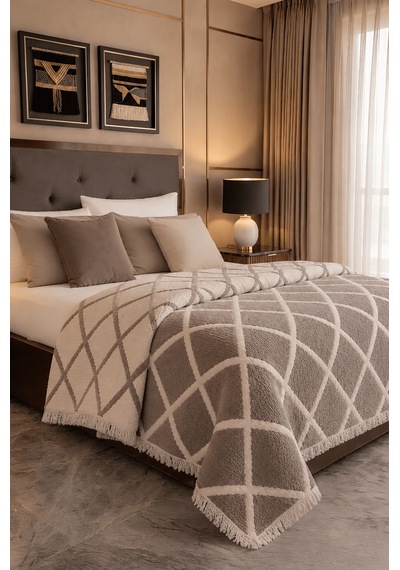 Premium Geometrik Kare Desenli %100 Pamuk Müslin Çift Taraflı Yatak Örtüsü Pike 220x240 Çift Kişilik Kahverengi