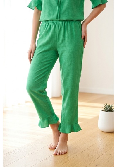 Aura Collections Kadın Yeşil Keten Görünümlü Yazlık Kısa Kollu Dokuma Pijama Takımı