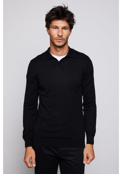 Tudors Erkek Slim Fit Dar Kesim Polo V Yaka Siyah Kazak-29106-siyah Siyah