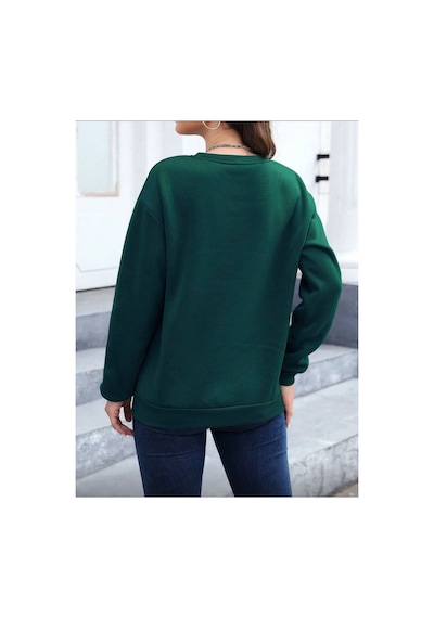 Herkesemoda Love Baskı Detaylı Bisiklet Yaka Sweatshirt Yeşil