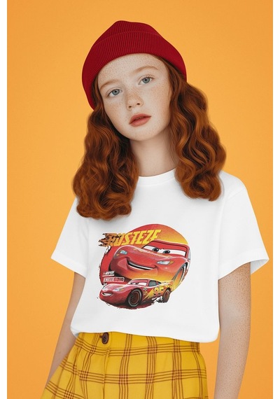 Sevbano Şimşek Mcqueen Arabalar Baskılı Unisex Çizgi Film Çocuk Tişört 1 Beyaz
