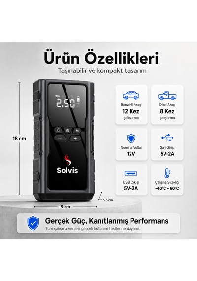 Solvis 4'ü 1 Arada 12v Akıllı Akü Takviye Cihazı, Lastik Şişirme, Powerbank Ve Led Aydınlatma Çanta Hediyeli
