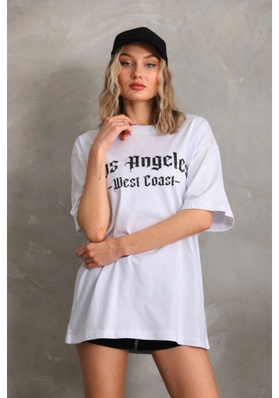 Kadın Baskılı Tişört Kısa Kol Bisiklet Yaka Oversize T-shirt - Beyaz