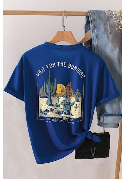 Uyguntarz Kopya - Unisex Arizona Baskılı Oversize Tshirt Mavi